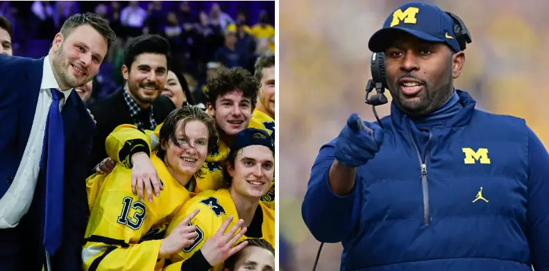 Michigan football coach Sherrone Moore gave a shout-out to the Wolverines' hockey head coach Brandon Naurato in congratulations of his national quarterfinals win over the Michigan State Spartans.
